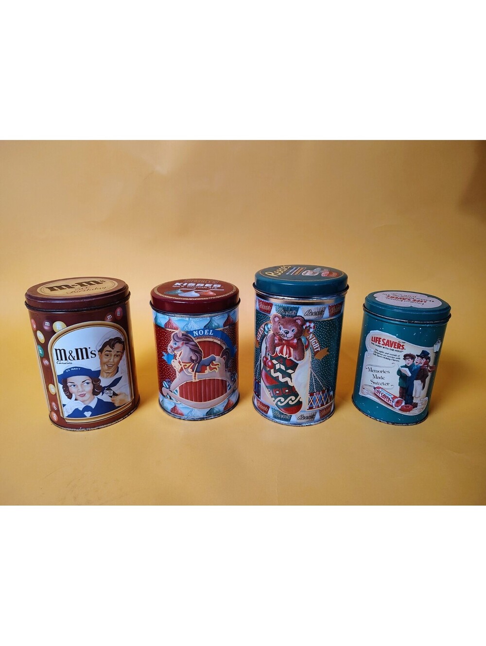 Vintage Candy Tin Lot 4 Christmas 1990 M&Ms 50th Hershey Reese Life Savers Retro